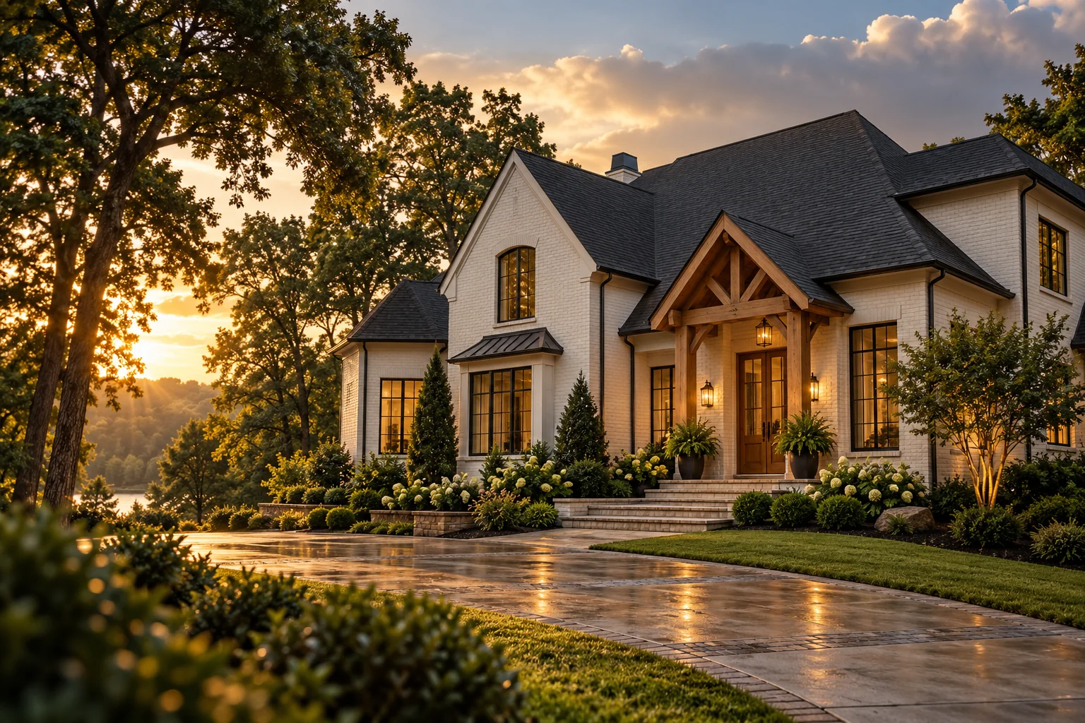 Illustrative home exterior at dusk