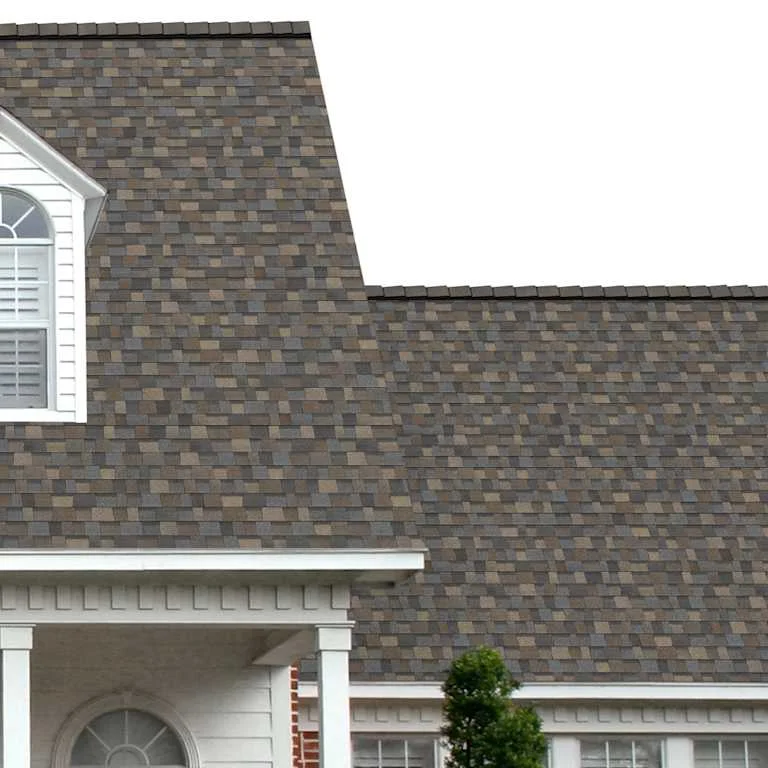 The porch entryway to a home depicts how well Black Sable TruDefinition Duration Designer brown, taupe, dark gray and black shingles pair with the white horizontal paneling and a woodgrain door with white columns.